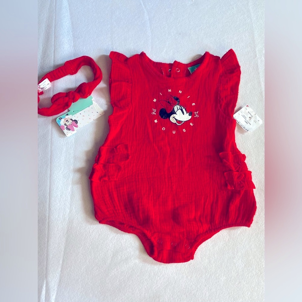 Disney Baby Red Romper Size 24 months w/ matching headband & Ruffles